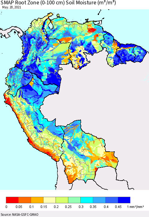 Northern South America SMAP Root Zone (0-100 cm) Soil Moisture (m³/m³) Thematic Map For 5/16/2021 - 5/20/2021