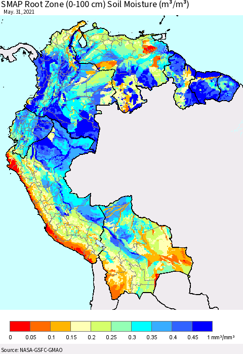 Northern South America SMAP Root Zone (0-100 cm) Soil Moisture (m³/m³) Thematic Map For 5/26/2021 - 5/31/2021