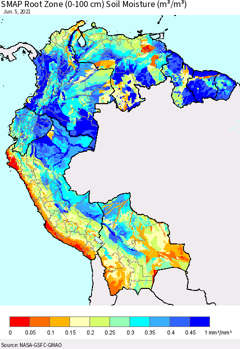 Northern South America SMAP Root Zone (0-100 cm) Soil Moisture (m³/m³) Thematic Map For 6/1/2021 - 6/5/2021