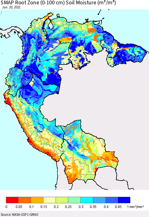 Northern South America SMAP Root Zone (0-100 cm) Soil Moisture (m³/m³) Thematic Map For 6/16/2021 - 6/20/2021