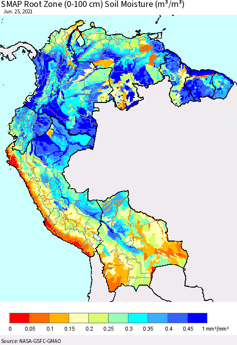 Northern South America SMAP Root Zone (0-100 cm) Soil Moisture (m³/m³) Thematic Map For 6/21/2021 - 6/25/2021