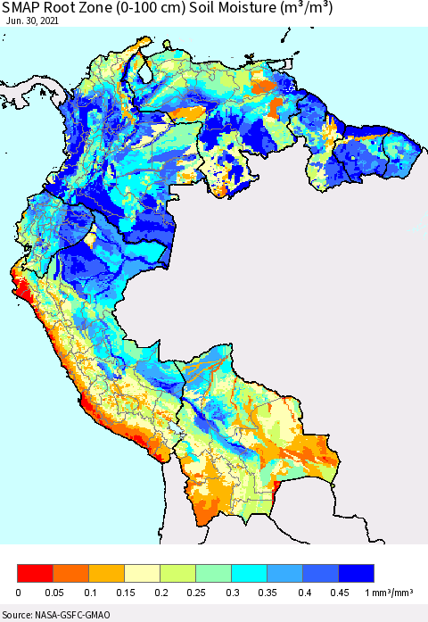 Northern South America SMAP Root Zone (0-100 cm) Soil Moisture (m³/m³) Thematic Map For 6/26/2021 - 6/30/2021