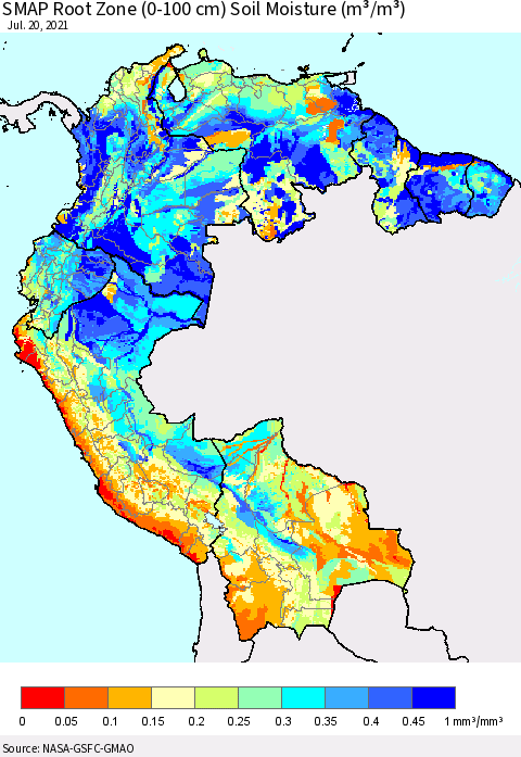 Northern South America SMAP Root Zone (0-100 cm) Soil Moisture (m³/m³) Thematic Map For 7/16/2021 - 7/20/2021