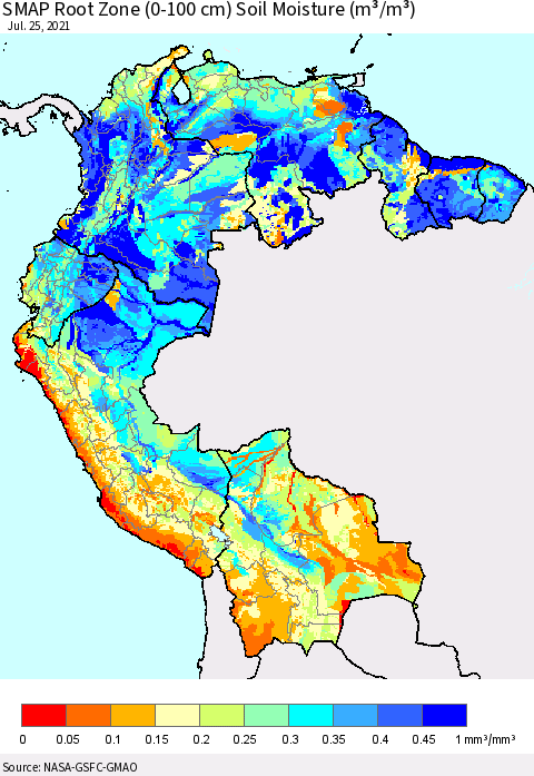 Northern South America SMAP Root Zone (0-100 cm) Soil Moisture (m³/m³) Thematic Map For 7/21/2021 - 7/25/2021