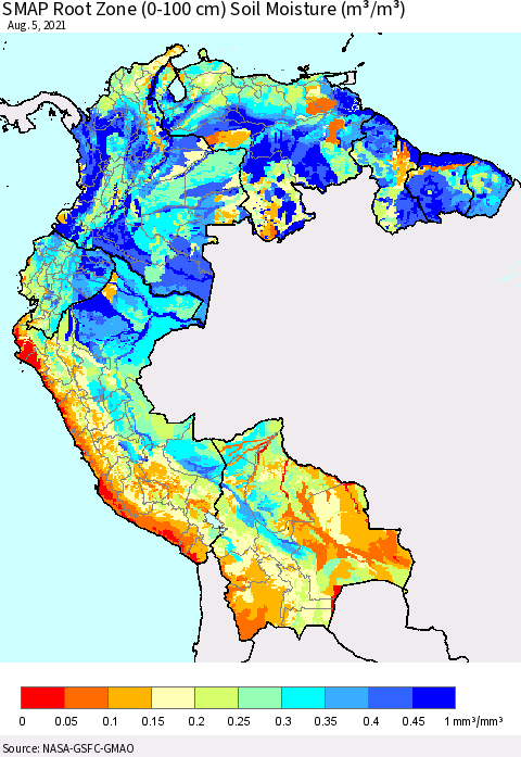 Northern South America SMAP Root Zone (0-100 cm) Soil Moisture (m³/m³) Thematic Map For 8/1/2021 - 8/5/2021