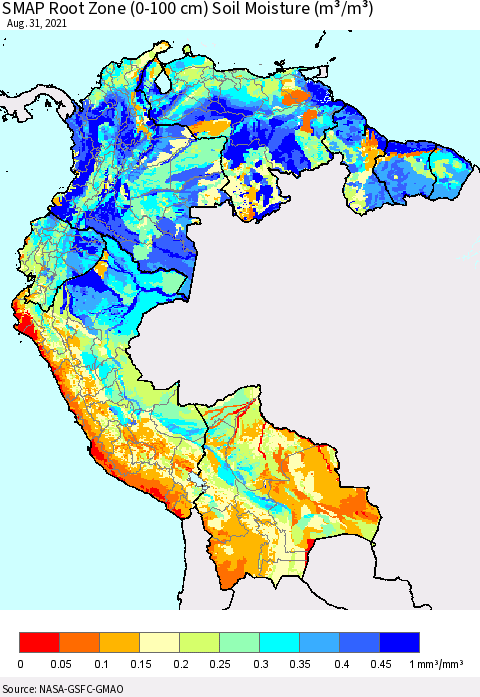 Northern South America SMAP Root Zone (0-100 cm) Soil Moisture (m³/m³) Thematic Map For 8/26/2021 - 8/31/2021