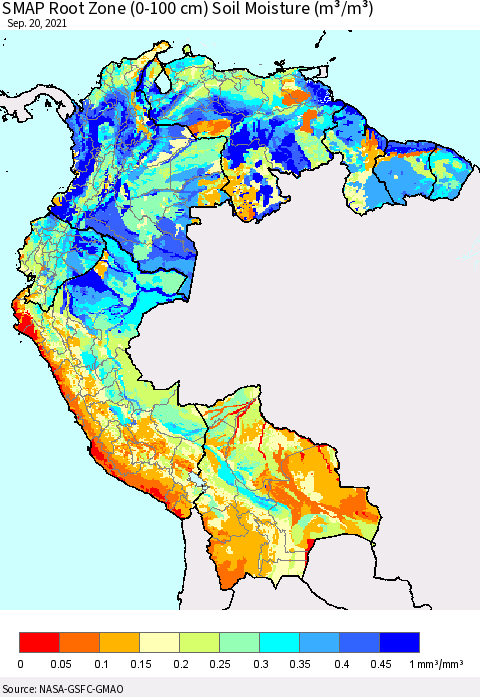 Northern South America SMAP Root Zone (0-100 cm) Soil Moisture (m³/m³) Thematic Map For 9/16/2021 - 9/20/2021