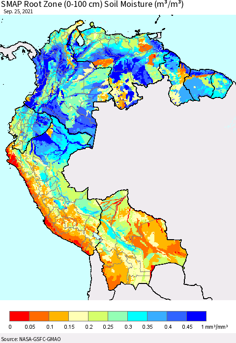 Northern South America SMAP Root Zone (0-100 cm) Soil Moisture (m³/m³) Thematic Map For 9/21/2021 - 9/25/2021