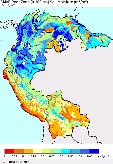 Northern South America SMAP Root Zone (0-100 cm) Soil Moisture (m³/m³) Thematic Map For 10/11/2021 - 10/15/2021