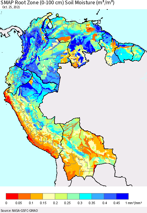 Northern South America SMAP Root Zone (0-100 cm) Soil Moisture (m³/m³) Thematic Map For 10/21/2021 - 10/25/2021