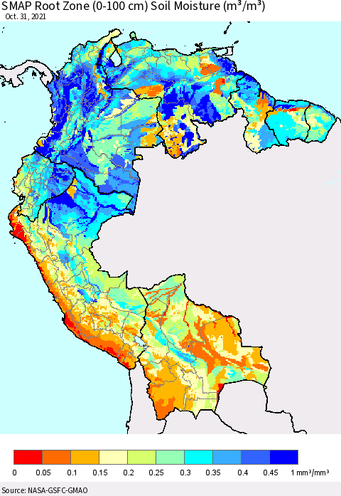 Northern South America SMAP Root Zone (0-100 cm) Soil Moisture (m³/m³) Thematic Map For 10/26/2021 - 10/31/2021