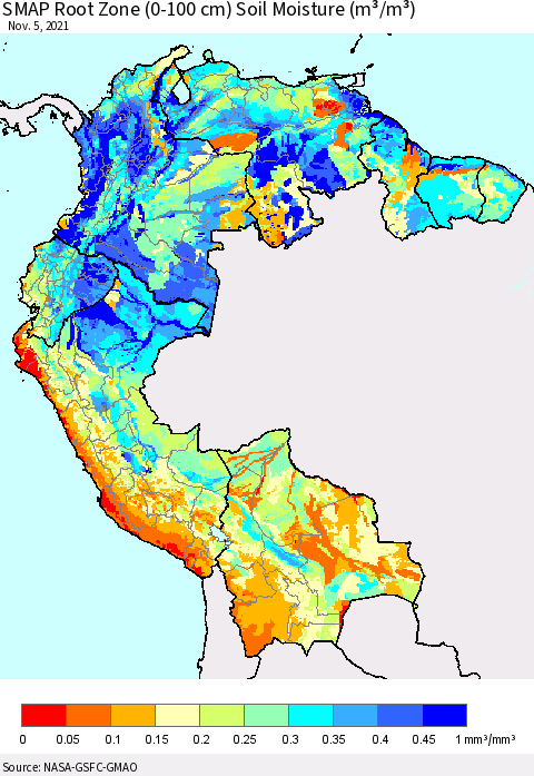 Northern South America SMAP Root Zone (0-100 cm) Soil Moisture (m³/m³) Thematic Map For 11/1/2021 - 11/5/2021