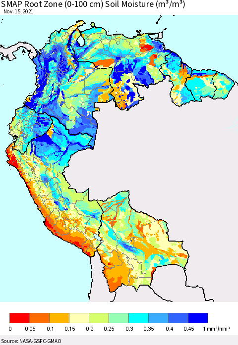 Northern South America SMAP Root Zone (0-100 cm) Soil Moisture (m³/m³) Thematic Map For 11/11/2021 - 11/15/2021