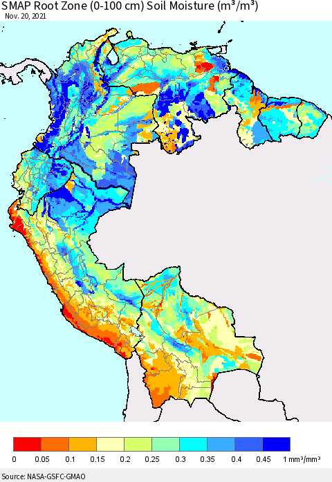Northern South America SMAP Root Zone (0-100 cm) Soil Moisture (m³/m³) Thematic Map For 11/16/2021 - 11/20/2021
