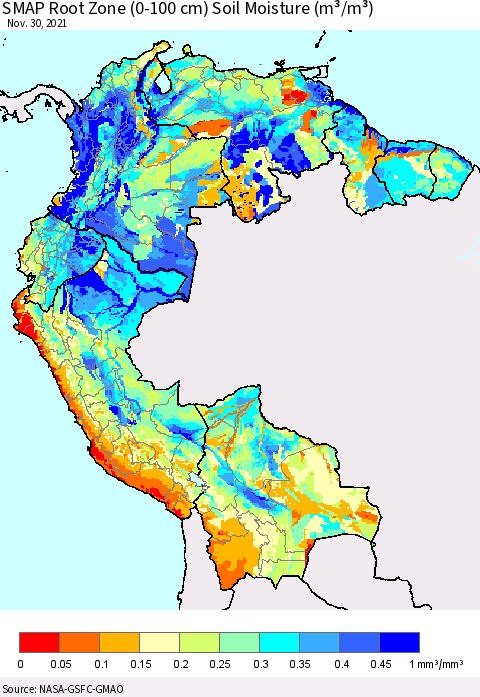 Northern South America SMAP Root Zone (0-100 cm) Soil Moisture (m³/m³) Thematic Map For 11/26/2021 - 11/30/2021