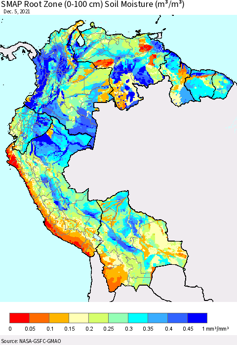 Northern South America SMAP Root Zone (0-100 cm) Soil Moisture (m³/m³) Thematic Map For 12/1/2021 - 12/5/2021