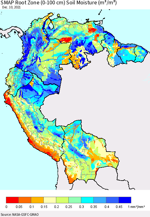 Northern South America SMAP Root Zone (0-100 cm) Soil Moisture (m³/m³) Thematic Map For 12/6/2021 - 12/10/2021