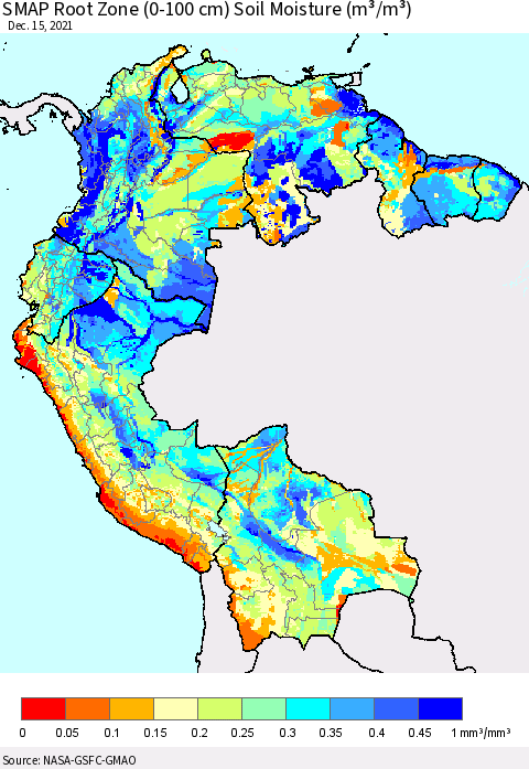 Northern South America SMAP Root Zone (0-100 cm) Soil Moisture (m³/m³) Thematic Map For 12/11/2021 - 12/15/2021