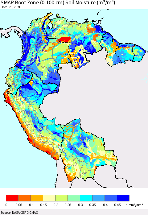 Northern South America SMAP Root Zone (0-100 cm) Soil Moisture (m³/m³) Thematic Map For 12/16/2021 - 12/20/2021