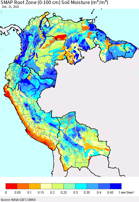 Northern South America SMAP Root Zone (0-100 cm) Soil Moisture (m³/m³) Thematic Map For 12/26/2021 - 12/31/2021