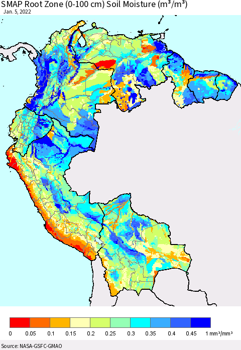 Northern South America SMAP Root Zone (0-100 cm) Soil Moisture (m³/m³) Thematic Map For 1/1/2022 - 1/5/2022