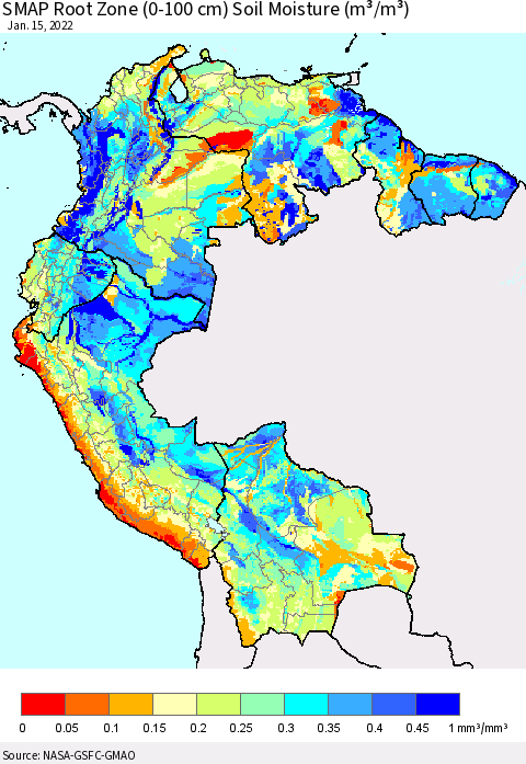 Northern South America SMAP Root Zone (0-100 cm) Soil Moisture (m³/m³) Thematic Map For 1/11/2022 - 1/15/2022