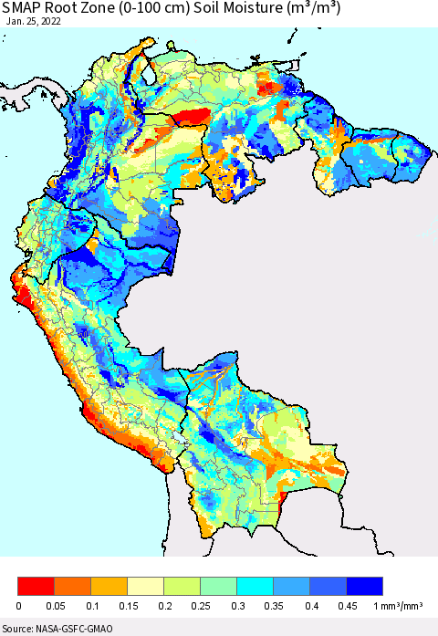 Northern South America SMAP Root Zone (0-100 cm) Soil Moisture (m³/m³) Thematic Map For 1/21/2022 - 1/25/2022