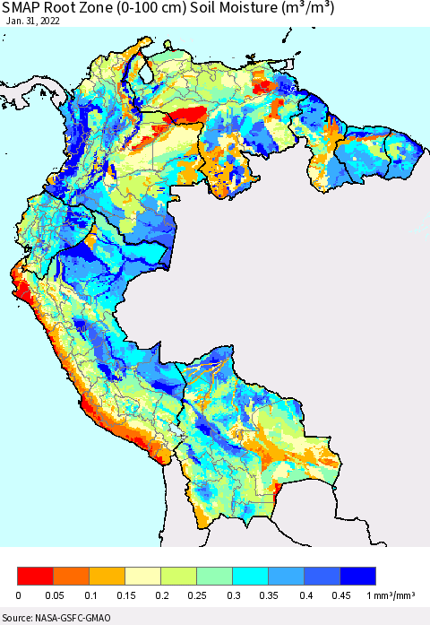 Northern South America SMAP Root Zone (0-100 cm) Soil Moisture (m³/m³) Thematic Map For 1/26/2022 - 1/31/2022