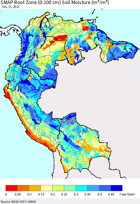 Northern South America SMAP Root Zone (0-100 cm) Soil Moisture (m³/m³) Thematic Map For 2/11/2022 - 2/15/2022