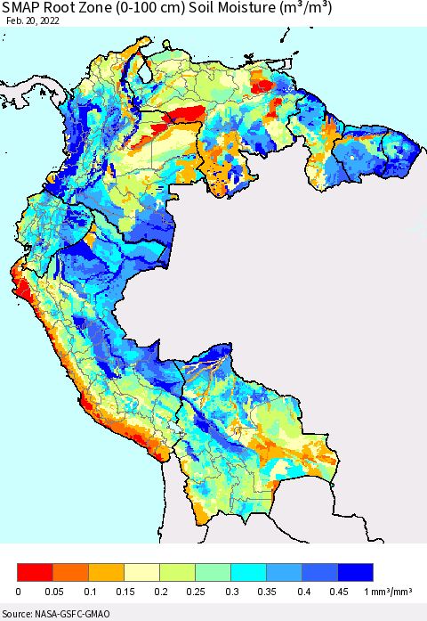 Northern South America SMAP Root Zone (0-100 cm) Soil Moisture (m³/m³) Thematic Map For 2/16/2022 - 2/20/2022