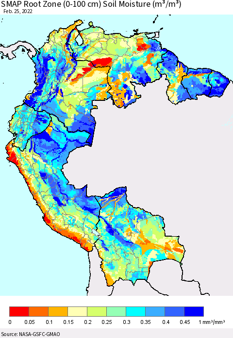 Northern South America SMAP Root Zone (0-100 cm) Soil Moisture (m³/m³) Thematic Map For 2/21/2022 - 2/25/2022