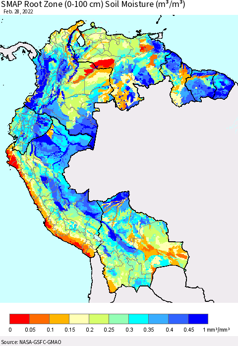 Northern South America SMAP Root Zone (0-100 cm) Soil Moisture (m³/m³) Thematic Map For 2/26/2022 - 2/28/2022