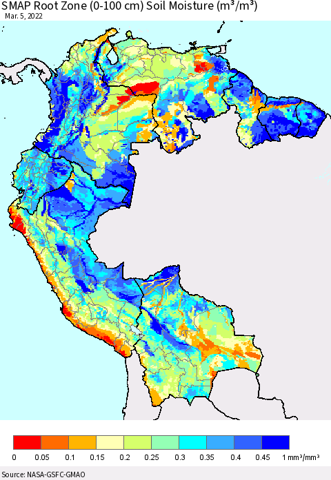 Northern South America SMAP Root Zone (0-100 cm) Soil Moisture (m³/m³) Thematic Map For 3/1/2022 - 3/5/2022