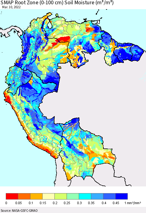 Northern South America SMAP Root Zone (0-100 cm) Soil Moisture (m³/m³) Thematic Map For 3/6/2022 - 3/10/2022