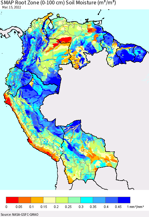 Northern South America SMAP Root Zone (0-100 cm) Soil Moisture (m³/m³) Thematic Map For 3/11/2022 - 3/15/2022