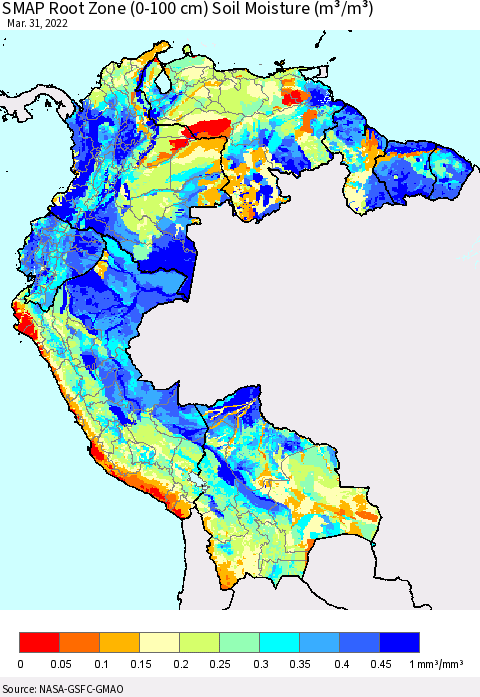 Northern South America SMAP Root Zone (0-100 cm) Soil Moisture (m³/m³) Thematic Map For 3/26/2022 - 3/31/2022