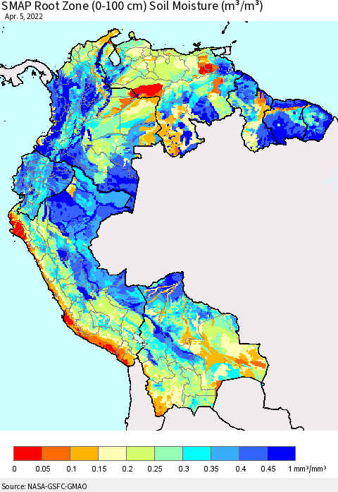 Northern South America SMAP Root Zone (0-100 cm) Soil Moisture (m³/m³) Thematic Map For 4/1/2022 - 4/5/2022