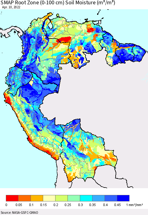 Northern South America SMAP Root Zone (0-100 cm) Soil Moisture (m³/m³) Thematic Map For 4/6/2022 - 4/10/2022