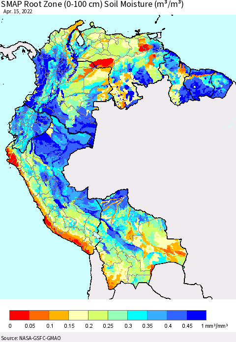 Northern South America SMAP Root Zone (0-100 cm) Soil Moisture (m³/m³) Thematic Map For 4/11/2022 - 4/15/2022