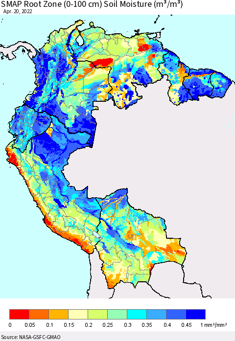 Northern South America SMAP Root Zone (0-100 cm) Soil Moisture (m³/m³) Thematic Map For 4/16/2022 - 4/20/2022