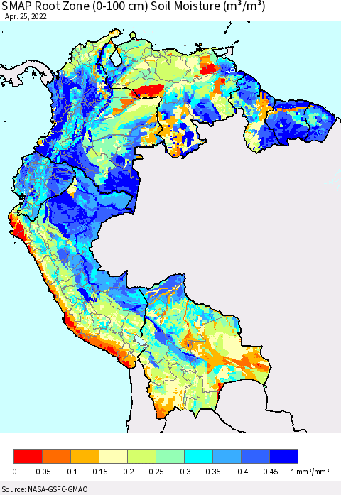 Northern South America SMAP Root Zone (0-100 cm) Soil Moisture (m³/m³) Thematic Map For 4/21/2022 - 4/25/2022