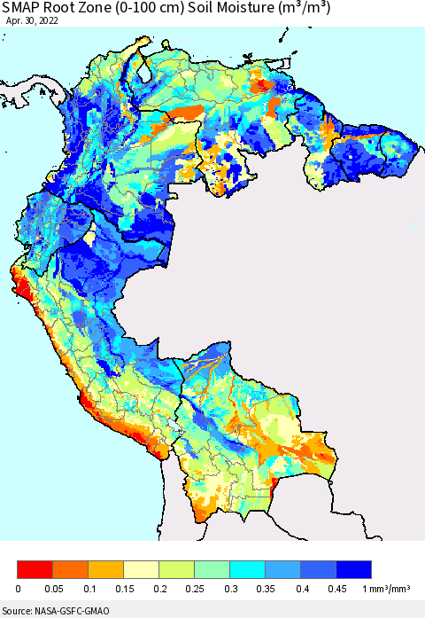 Northern South America SMAP Root Zone (0-100 cm) Soil Moisture (m³/m³) Thematic Map For 4/26/2022 - 4/30/2022