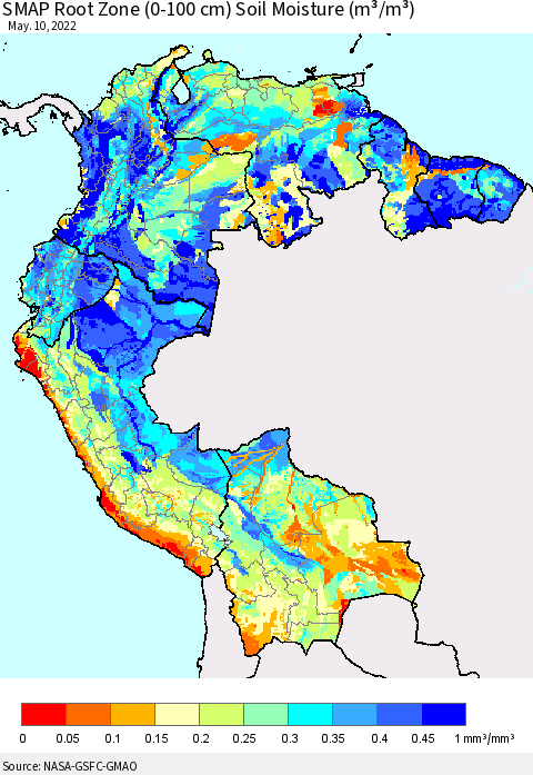 Northern South America SMAP Root Zone (0-100 cm) Soil Moisture (m³/m³) Thematic Map For 5/6/2022 - 5/10/2022