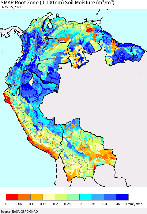 Northern South America SMAP Root Zone (0-100 cm) Soil Moisture (m³/m³) Thematic Map For 5/11/2022 - 5/15/2022