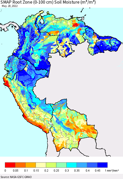 Northern South America SMAP Root Zone (0-100 cm) Soil Moisture (m³/m³) Thematic Map For 5/16/2022 - 5/20/2022