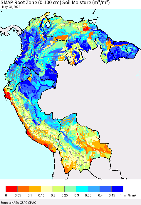 Northern South America SMAP Root Zone (0-100 cm) Soil Moisture (m³/m³) Thematic Map For 5/26/2022 - 5/31/2022