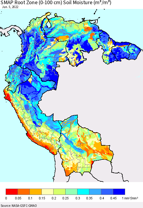 Northern South America SMAP Root Zone (0-100 cm) Soil Moisture (m³/m³) Thematic Map For 6/1/2022 - 6/5/2022