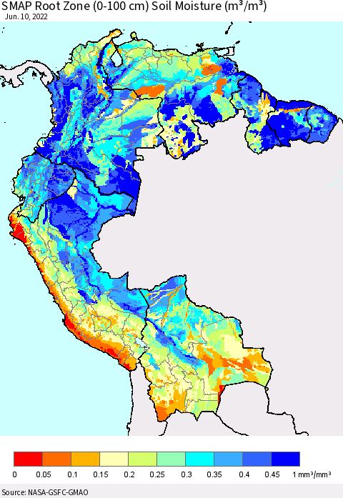 Northern South America SMAP Root Zone (0-100 cm) Soil Moisture (m³/m³) Thematic Map For 6/6/2022 - 6/10/2022