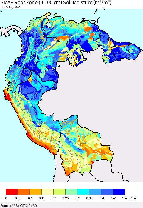 Northern South America SMAP Root Zone (0-100 cm) Soil Moisture (m³/m³) Thematic Map For 6/11/2022 - 6/15/2022