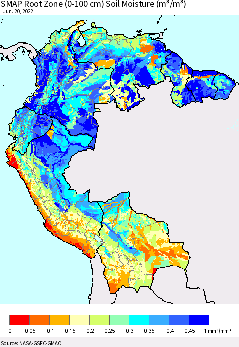 Northern South America SMAP Root Zone (0-100 cm) Soil Moisture (m³/m³) Thematic Map For 6/16/2022 - 6/20/2022